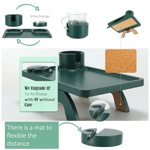 Nnewvante Couch Arm Table,3 in 1 Large 15.36"x9.85" Bamboo Sofa Arm Clip on TV Tray Table with 360°Rotated Phone/Cup Holder, Dark Green - color: Darkgreen