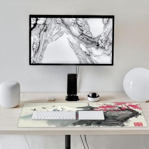 Japanese Pagoda Mouse Pad, Large Extended Gaming Desk Mat, Mount Fuji Cherry Blossom Design, Soft Cloth Surface with Rubber Base, 35.4in x 15.7in - color: Fuji Cherry Blossom