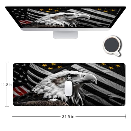 Large Gaming Mouse pad,Black and White Eagle Flag Tempered Glass Back Anti Slip Rubber Base Mouse pad, Suitable for Computer, Laptop, Office Desk Accessories - color: Black and White Eagle Flag Tempered Glass Back