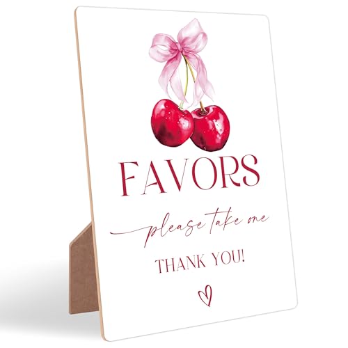 Cherry Wedding Signs for Reception, Pink Bow Favors Please Take One Sign, Berry Wooden Wedding Signs with Stand, Pink Bow Bridal Shower Decorations, Bridal Shower Party Supplies for Reception, 12 - color: Wedding12
