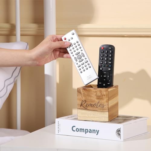 Remote Control Holder, Acacia Wooden Tv Remote Holder, Remote Holder for Table, Remote Control Storage Organizer Caddy (for 2 or 3 Remote Controls) 3.5 x3.5x3.5
