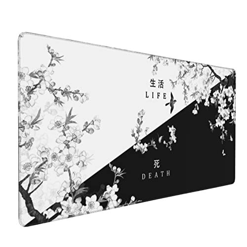 XXL Large Gaming Mouse Pad,Japanese Sakura Death Life Extended Desk Pad Non-Slip Rubber Base 35.4x15.7in with Stitched Edges Waterproof Full Desk Pads Computer Gaming Mousepads for Work/Game/Office - color: Black and White Cherry Blossom, size: 35.4x15.7
