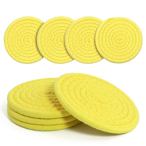Coasters Set of 4 for Drinks, Cotton Woven 4 Colors Absorbent Boho Coasters for Home Decor Cups - Hot or Cold Drink Thickened (Lemon Yellow) - color: Lemon Yellow
