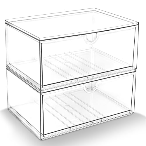 Prsildan Acrylic Makeup Organizer, 2 Pack Stackable Clear Storage Drawers for Baby Bottles Desk Organizers with 2 Drawers for Countertop Vanity Nursery Modular System for Cosmetics Jewelry - style: Style1-2 Drawers