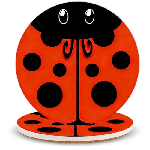 Ladybug Ceramic Coasters of 2 with Cork Backing Absorbent Cup Coaster | Non-Slip Coasters for Drinks and Coffee Table Office Desk Home Decor, Gifts for Ladybug Fans, Mom, Garden Lovers - color: Ladybug
