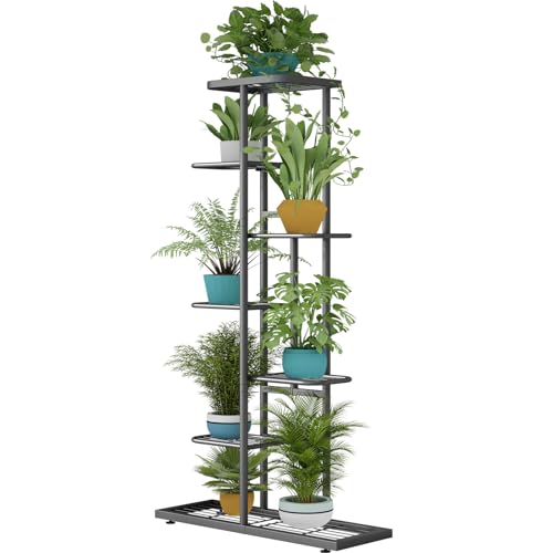 LINZINAR Plant Stand Metal 7 Tier 8 Potted Multiple Flower Pot Holder Shelf Indoor Outdoor Planter Display Shelving Unit for Patio Garden Corner Balcony Living Room, DarkGrey - color: Dark Grey, size: 7 Tier-8 Potted