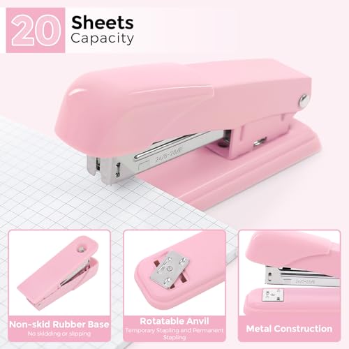 SKYDUE Pink Desk Accessories 10Pcs, Rotating Pen Holder for Desk, Stapler, Staple Remover, Tape Dispenser,2pcs Tape Refills, Binder Paper Clips Kit, Scissor,Pink Office School Supplies - color: Pink