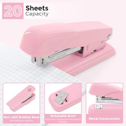 SKYDUE Pink Desk Accessories 10Pcs, Rotating Pen Holder for Desk, Stapler, Staple Remover, Tape Dispenser,2pcs Tape Refills, Binder Paper Clips Kit, Scissor,Pink Office School Supplies - color: Pink