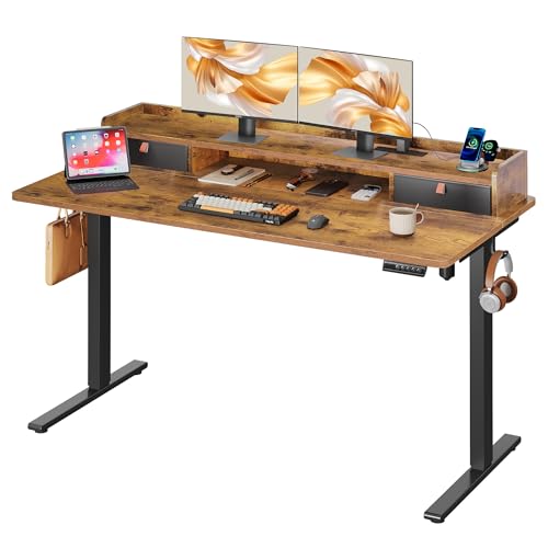 DEVAISE 55 Inch Electric Standing Desk with Shelf, Adjustable Computer Desk for Home Office, with LED Touchscreen，Headphone Hook, 3 Memory Preset, with One-Piece Desktop, Rustic Brown - color: Rustic Brown, size: 55 Inch / One-Piece Top/ with Shelf