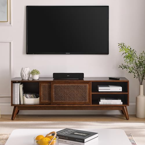 LKTART Boho Mid Century TV Stand,59" Rattan Entertainment Center,Media Console with Solid Wood Legs,Adjustable Feet & Divided Storage,TV Cabinet for 65 Inch TV,Dark Walnut - color: 59" Dark Walnut