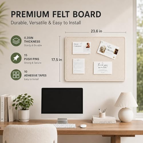 Beige Small Felt Bulletin Board for Wall 24 x 18 Inch Frameless | Foldable shipping with easy mounting for notes photos and planning - color: Beige, size: 18" x 24"