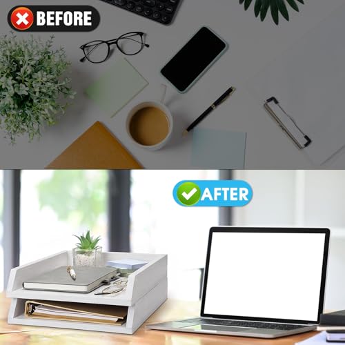 DoubleFill 2 Pcs Wooden Letter Trays 2 Tier Desktop Paper Organizer Wood Letter-Size Desk Document Tray Heavy Duty Stackable Paper Drawer Holder File Folder Back to School Office Home (White) - color: White