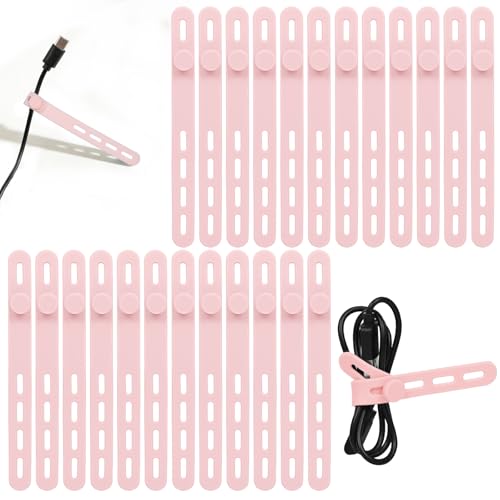 Donruby 24Pcs Silicone Cable Ties - Reusable & Washable with Locking Buckles, Adjustable Fastening Cable Management Straps, Multi-Purpose High Elasticity Cord Organizer (Pink) - color: Pink