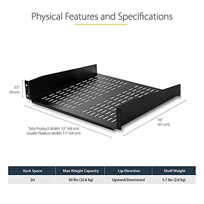 StarTech 2U Vented Cantilever Rack Shelf, 16in Deep, 50lb, TAA (CABSHELFV) - size: 16"