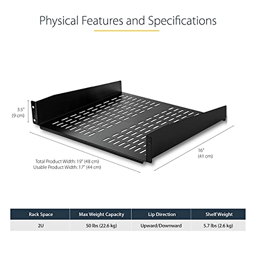 StarTech 2U Vented Cantilever Rack Shelf, 16in Deep, 50lb, TAA (CABSHELFV) - size: 16"