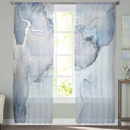 PIEPLE Blue Marble Sheer Curtains 63 Inch Length 2 Panels Set for Living Room/Bedroom, Blue Grey Stripes Marble Texture Nature Tone Semi Curtain Sheers Drapes Rod Pocket Curtains Window Treatment Set - color: Marble, size: 52"W x 63"L (Pack of 2)
