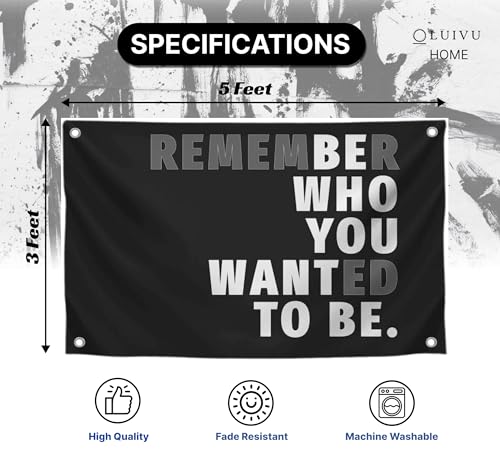 3x5 Feet Black Quoted Polyester Flag Remember Who You Wanted To Be with Four Brass Grommets - Be Who You Want To Be Quote Wall Banner - Black Posters for Man Cave - Motivational Wall Art for Bedroom