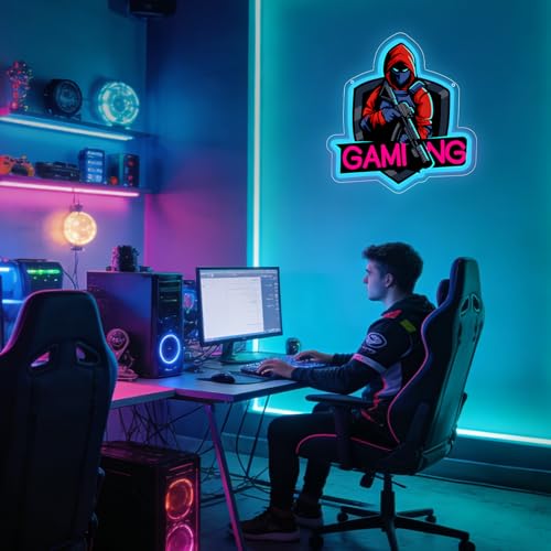 Gaming Neon Sign, FPS Gamer LED Neon Light for Game Room Decor, Red Hooded Gamer Wall Light for Bedroom, Game Station, Man Cave, Unique Gamer Gift for Men, Teens, Boys - color: Gaming Blue