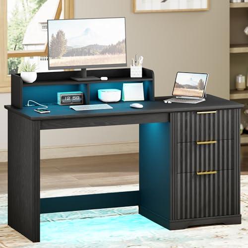 Lareth Computer Desk with Monitor Stand, 47 inch Home Office Desk with RGB LED Lights and Power Outlets, Writing Desk with Storage File Drawer for Working Gaming Writing, Black - color: Black