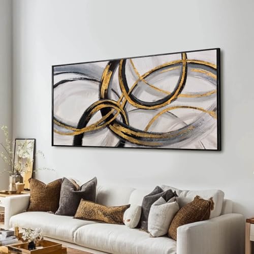 Kureful Gold and Black Abstract Wall Art Modern Artwork Canvas Pictures for Wall Decor Line Wall Prints for Office Hotel 24"x 48" Ready to Hang - color: Gold White, size: 24"x48"