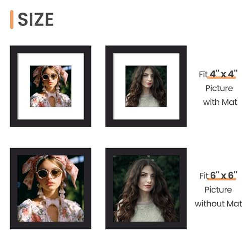 upsimples 6x6 Picture Frame, Display Pictures 4x4 with Mat or 6 x 6 Without, Wall Hanging Square Frames, Black, 1 Pack - color: Black, size: 6x6