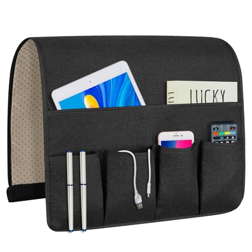 NB Sofa Armrest Organize Remote Holder Bedside Caddy Organizer With 5 Pockets，Non-Slip Couch Remote Control Holder Couch Armchair Caddy Accessories (Black, 35''X18'') - color: black, size: 35''x18''