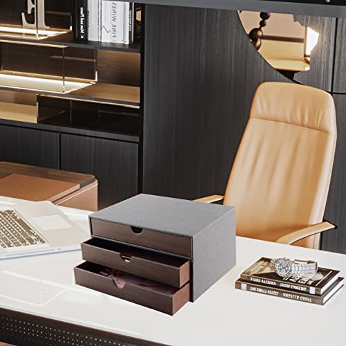 Cloth-effect Faux Leather Desk Organizer File Cabinet Executive Office Supplies Desktop Filing A4 Contract Document Stackable Storage Box with 3 Drawers (Grey) - color: Grey