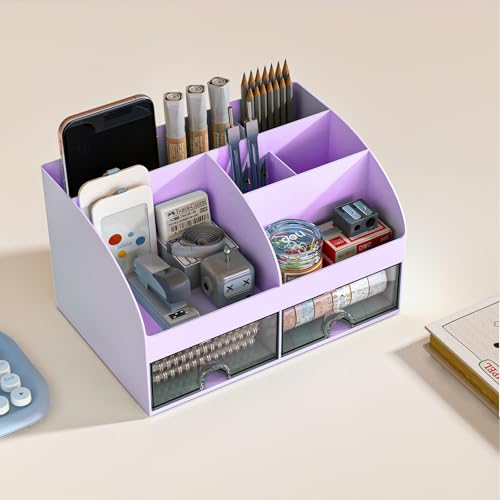 COMFYROOM Desk Organizer with 6 Compartments and 2 Drawers, Plastic Makeup Organizer, Pen Holder for Desktop Storage, Desk Organization for School, Home, Office Supplies (Purple) - color: Purple