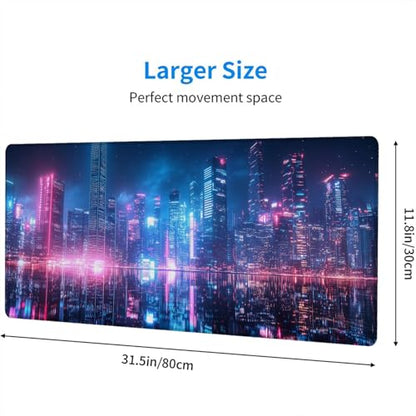 Neon City Desk Pad Mouse Pad 31.5 x 11.8 Inch Modernist Night Fantasy Large Gaming Mouse Mat with Stitched Edges,Non-Slip Waterproof Rubber Base Mous Mat Office Computer Keyboard Laptop Home - color: Neon City, size: 11.8W x 31.5L inches