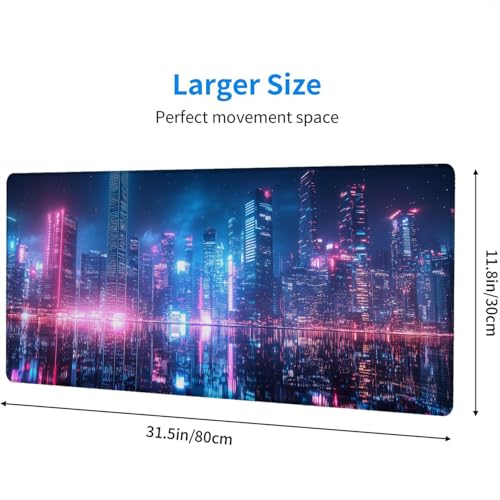 Neon City Desk Pad Mouse Pad 31.5 x 11.8 Inch Modernist Night Fantasy Large Gaming Mouse Mat with Stitched Edges,Non-Slip Waterproof Rubber Base Mous Mat Office Computer Keyboard Laptop Home - color: Neon City, size: 11.8W x 31.5L inches