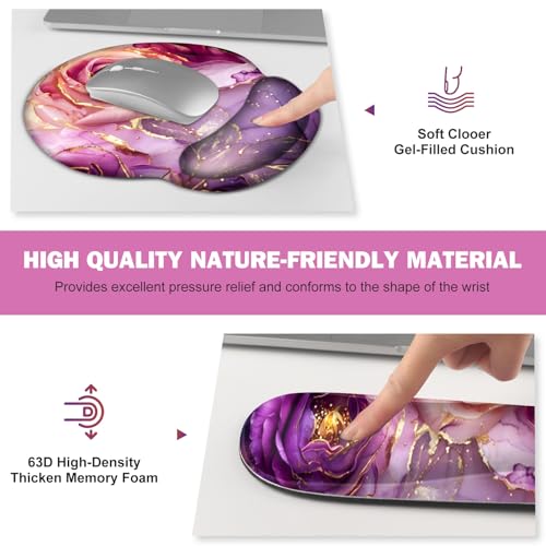 Gaming Mouse Pad, Large Desk Mat, Cute Desk Pad Protector, 4in1 XXL Mousepad + Keyboard Wrist Rest+Mouse Wrist Rest+Coaster Set with Ergonomic Desk Pad for Home Office PC, Marble Rose Purple Flowers - color: Marble Rose Purple Flowers