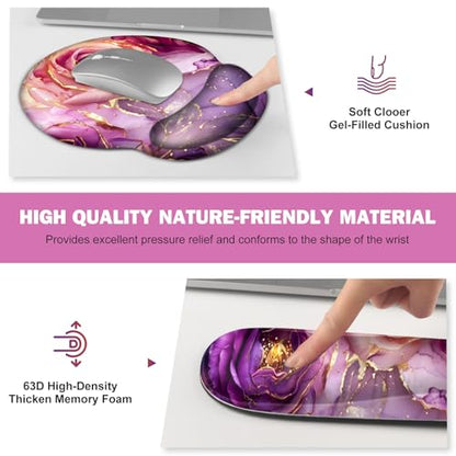 Gaming Mouse Pad, Large Desk Mat, Cute Desk Pad Protector, 4in1 XXL Mousepad + Keyboard Wrist Rest+Mouse Wrist Rest+Coaster Set with Ergonomic Desk Pad for Home Office PC, Marble Rose Purple Flowers - color: Marble Rose Purple Flowers