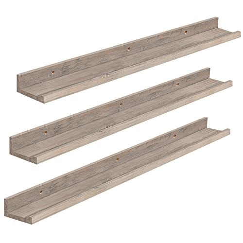 HOOBRO Floating Shelves, Wall Shelf Set of 3, 35.4 Inches Hanging Shelf with Raised Edge and Invisible Brackets, for Bathroom, Bedroom, Kitchen, Office, Living Room Decor, Greige BG90BJ01 - color: Greige, size: 35.4 Inches