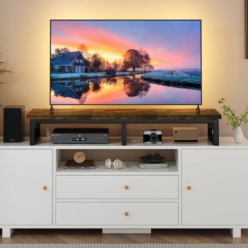 IBUYKE 45" Large TV Riser for 32-60 inch TV,Tabletop Short TV Stand with Storage and Steel Legs,Dual Screen Office Desk,Stand Riser,TV Riser Stand for Home,Bedroom,Living Room,Rustic Brown TVT002H - color: Rustic Brown