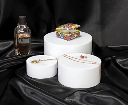 Red Co. Set of 3 Sizes (6", 5", 4") Acrylic Round Cylinder Display Nesting Riser Stands with Hollow Bottoms, Glossy White - color: White, size: 6", 5", 4"