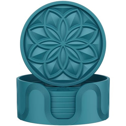 HFHOME Silicone Coasters Set with Holder - 6 Pack Drink Coasters for Coffee Table, Bar, Desk - Tabletop Protection Gift - Blue - color: Peacock Blue