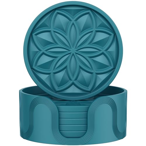 HFHOME Silicone Coasters Set with Holder - 6 Pack Drink Coasters for Coffee Table, Bar, Desk - Tabletop Protection Gift - Blue - color: Peacock Blue