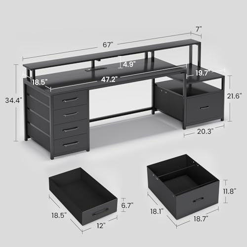 SEDETA Computer Desk with 5 Drawer, Power Outlet & Led Lights, 66'' Home Office Desk with File Drawer, Storage, Monitor Shelf, Gaming Desk, Black - color: Black With Led Lights, size: 67X18.5inch