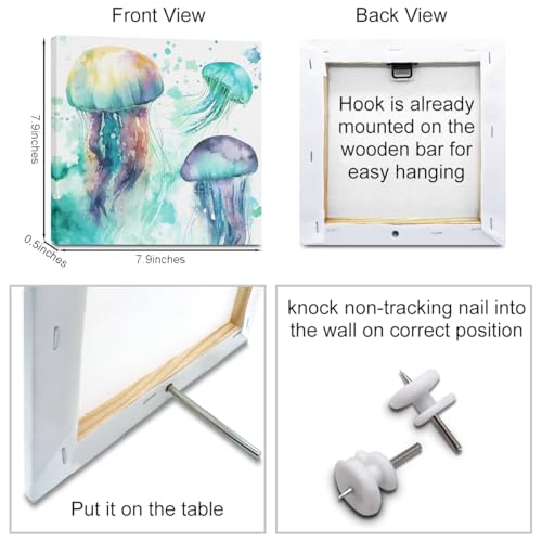 4PCS Sea Animals Room Decor Jellyfish Sea Turtle Decor Canvas Wall Art Framed Home Decor Watercolor Seahorse Octopus Paintings Wall Decor Modern Canvas Prints for Playroom Farmhouse Living Room - color: Multi 1235