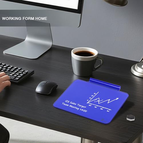 TOWON Navy Blue Glossy Mini Desktop Glass Whiteboard, 8 x 6 in Small Dry Erase Board for Desk with Pen Holder, Pure Glass Writing Surface with Accessories for Executive Office & Aesthetic Home Décor - color: Navy