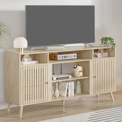 Oubayajia Mid Century Modern TV Stand, Fluted TV Stand for 65 Inch TV, Entertainment Center with Adjustable Shelf, Media Console, Wood Feet, Cord Holes, for Living Room (Wood, 58.26'')