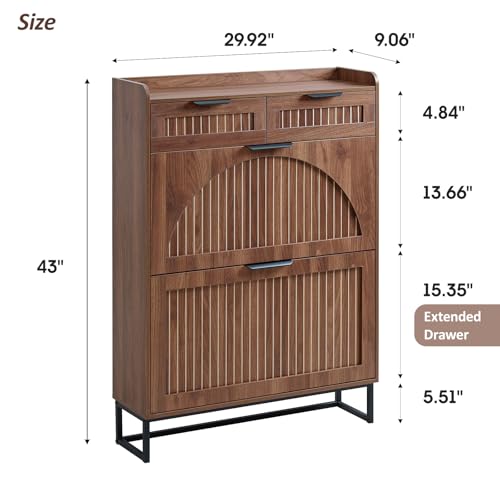 Fluted Shoe Cabinet Storage for Entryway – Narrow Shoe Rack with 2 Flip Drawers & 2 Storage Drawers, Freestanding Hidden Shoe Organizer for Foyer, Hallway (Walnut)
