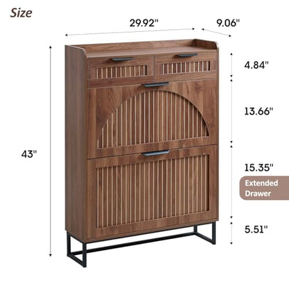 Fluted Shoe Cabinet Storage for Entryway – Narrow Shoe Rack with 2 Flip Drawers & 2 Storage Drawers, Freestanding Hidden Shoe Organizer for Foyer, Hallway (Walnut)