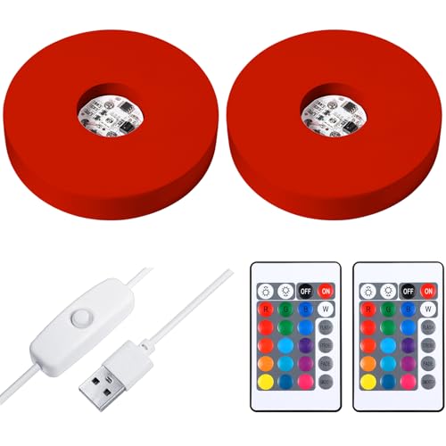 Mudder 2 Pcs Light LED Base Wood LED Display Base for Glass Art Decor Crystal Acrylic Resin, 16 Colored USB Light with Remote Wooden Round Lamp Stand for 3D Crystal Ball Room Home Decor(Red) - color: Red