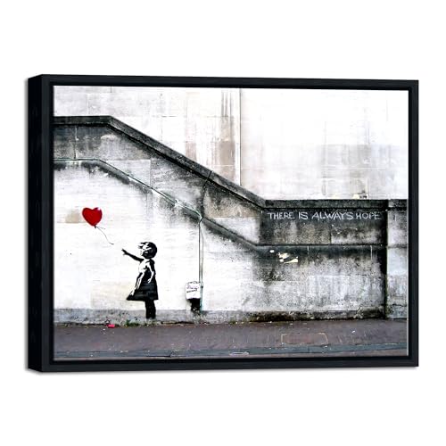 Wieco Art Framed Canvas Wall Art Giclee Canvas Prints of Banksy Grafitti Girl with Red Balloon Abstract Artwork for Wall Decor Home Decorations Black Frame - size: 16"L x 12"W