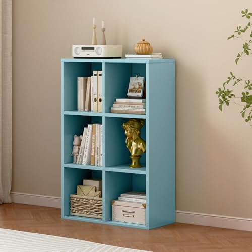 OSCHF 6-Cube Storage Shelf Bookcase - Wooden 3-Tier Floor Standing Open Bookshelf for Home and Office, Display Cabinet, Light Blue - color: Light Blue, size: 6-Cube