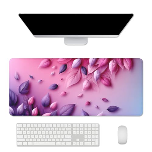Pink Mouse Pad Desk Mat Large Gaming Mouse Mat Desk Pad,Big Mousepad with Stitched Edge Non-Slip Rubber Base for Office School Home (27.5X11.8 in) - color: pink leaf