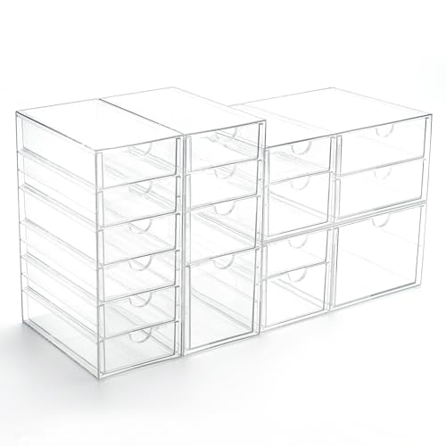 Prsildan 17 Drawers Teacher Toolbox Office Supply Organizer, Set of 4 | Clear Acrylic, Pull Out, Craft Desk Art Supply Accessories Vanity Countertop Bathroom Kitchen Cabinet Makeup Storage - style: 17 Drawers