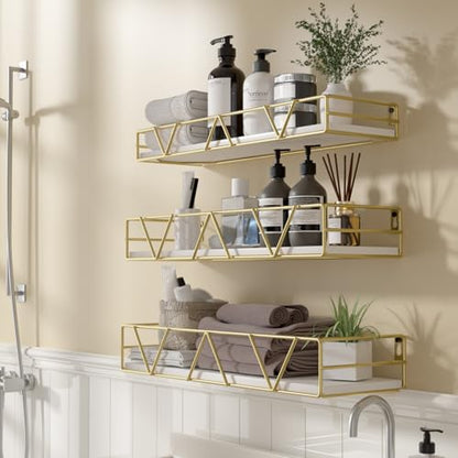 Amaoot Floating Shelves Set of 3, Home Wood Wall Shelf, Farmhouse Shelf for Bedroom, Wall Mounted Floating Shelf for Living Room, Bedroom, Bathroom, Kitchen, Office (Gold) - color: Gold