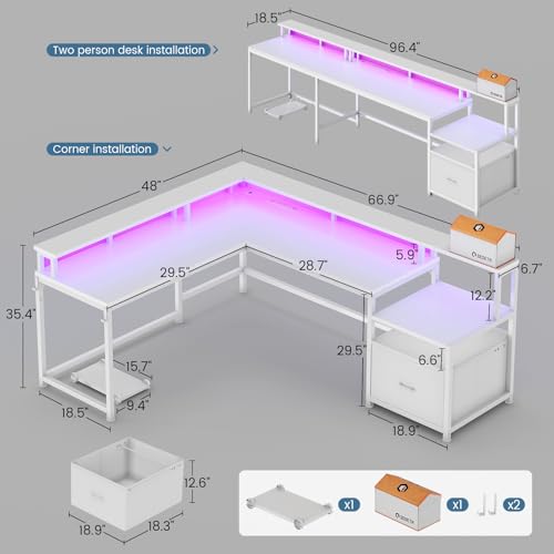 SEDETA 66" L Shaped Desk with Power Outlet, Reversible Home Office Computer Desk with File Drawer & Monitor Shelf, Storage Shelves, LED Lights for Corner Small Spaces, White - color: White